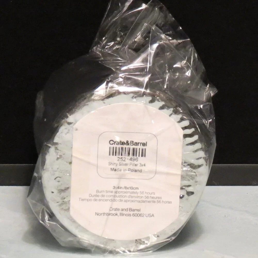 Crate & Barrel Shiny Silver Pillar Candle 3x4/New
